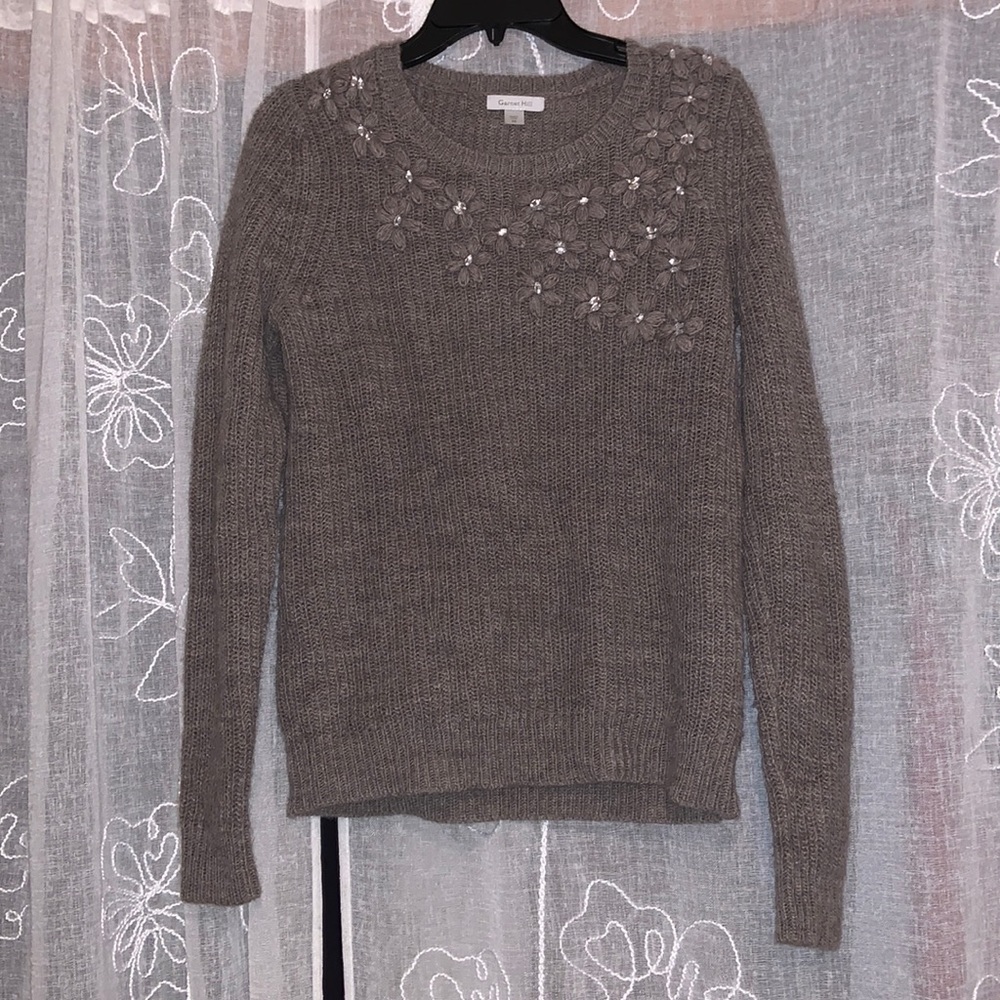 Garnet Hill alpaca wool blend gray sweater with silver floral embellishments XS